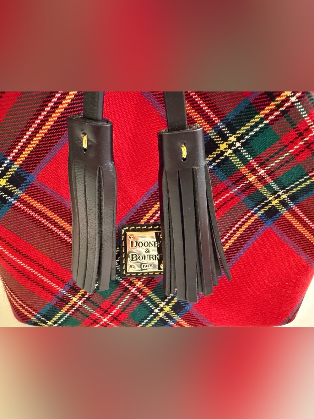 Dooney & Bourke Red Tartan Drawstring Bucket Bag with Matching Pouch - Picture 2 of 7